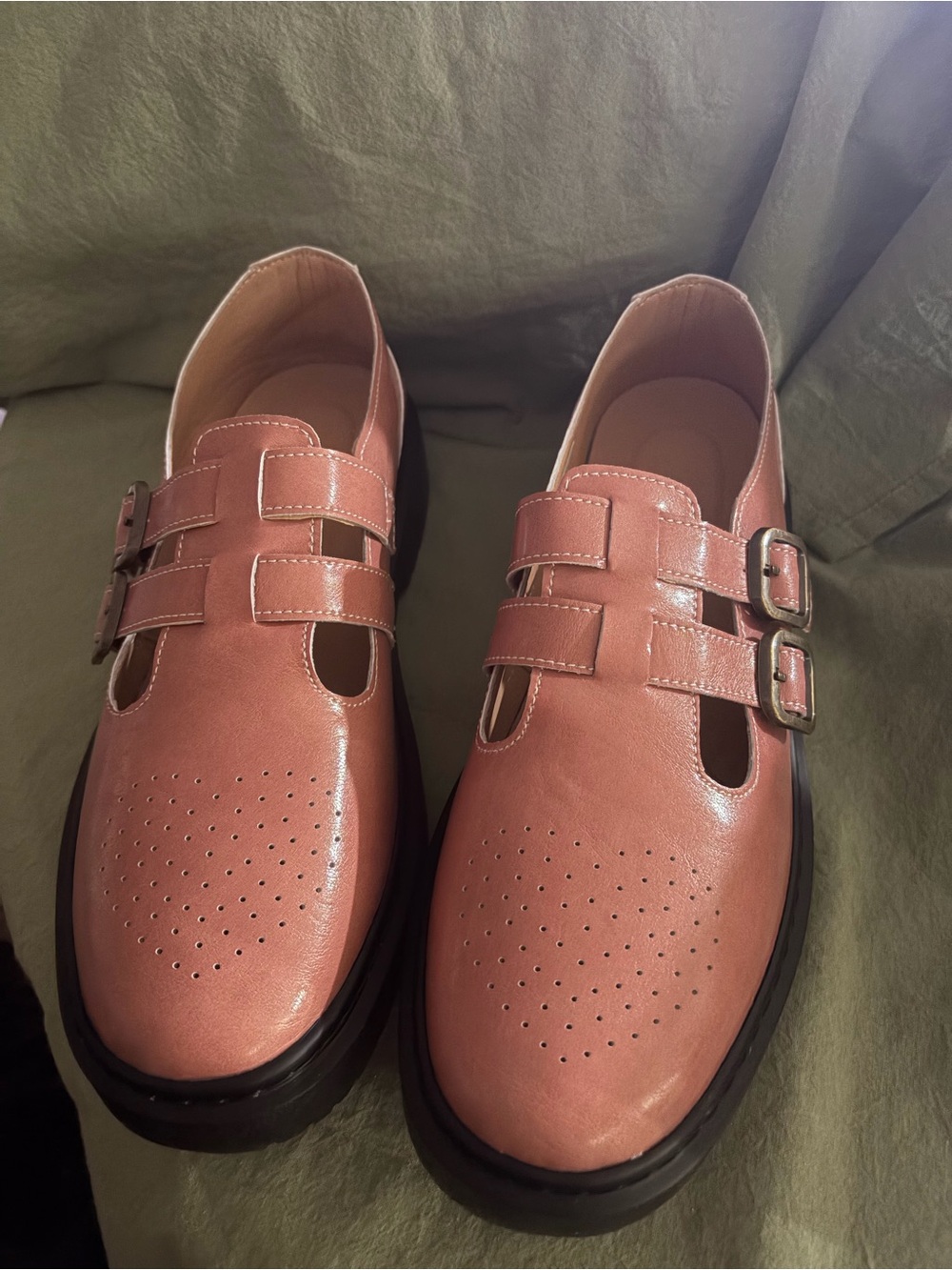 Chunky Pink Leather Mary Jane Flats with Buckles